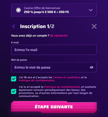 Robycasino De l'inscription